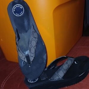 Coach Black Signature Wedge Thong Sandals